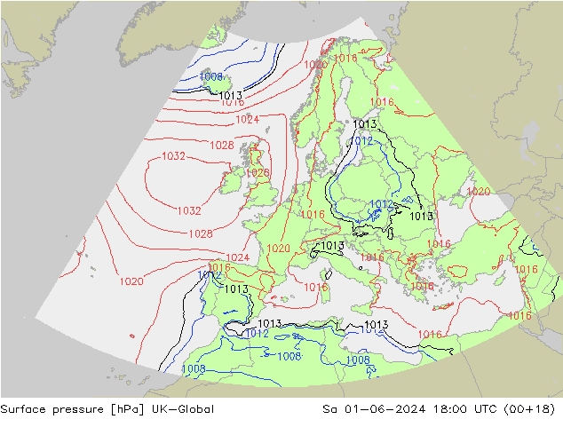 Pressione al suolo UK-Global sab 01.06.2024 18 UTC