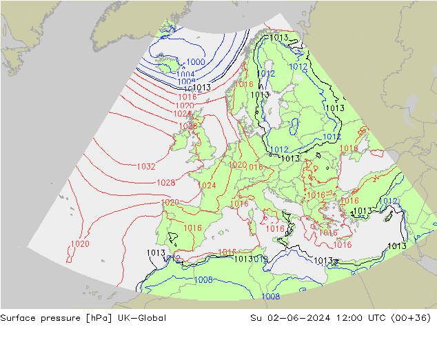 Pressione al suolo UK-Global dom 02.06.2024 12 UTC