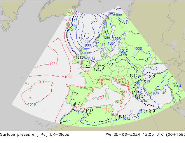 Pressione al suolo UK-Global mer 05.06.2024 12 UTC