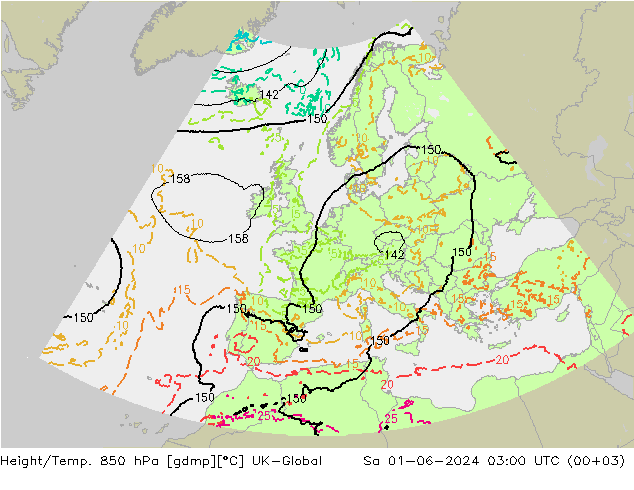Height/Temp. 850 hPa UK-Global Sáb 01.06.2024 03 UTC