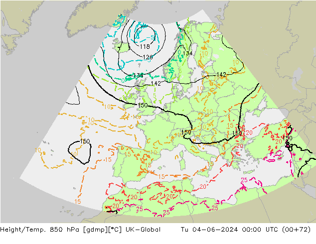 Hoogte/Temp. 850 hPa UK-Global di 04.06.2024 00 UTC