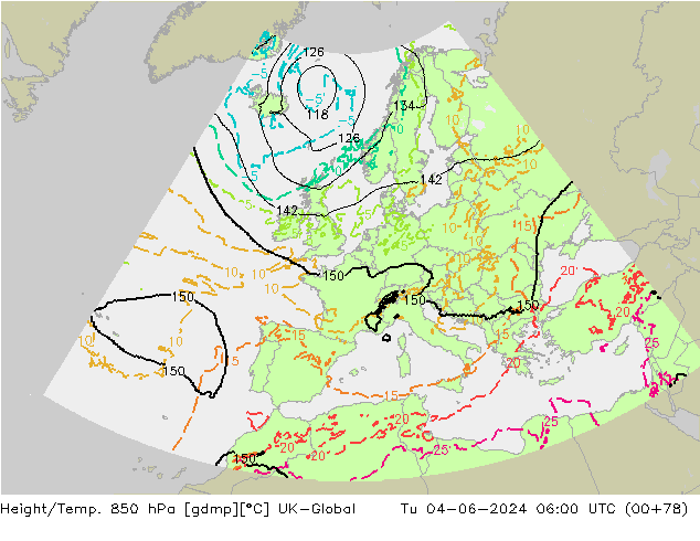 Hoogte/Temp. 850 hPa UK-Global di 04.06.2024 06 UTC