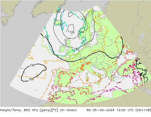 Yükseklik/Sıc. 850 hPa UK-Global Çar 05.06.2024 12 UTC