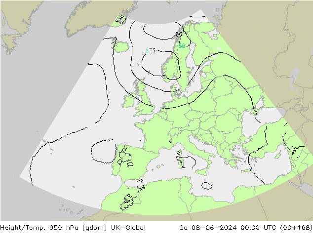 Height/Temp. 950 hPa UK-Global so. 08.06.2024 00 UTC