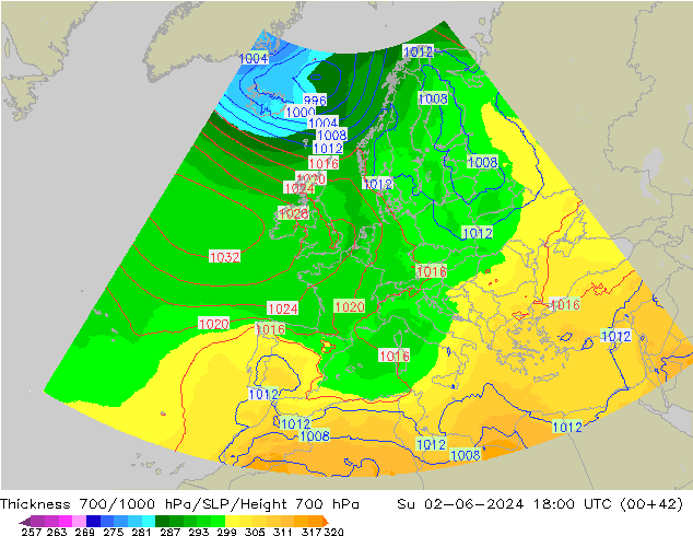 Schichtdicke 700-1000 hPa UK-Global So 02.06.2024 18 UTC