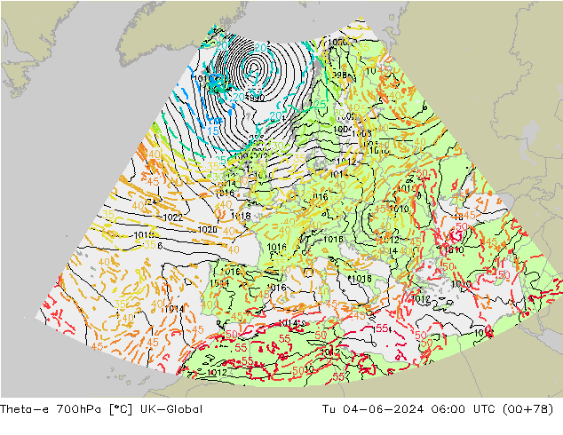 Theta-e 700hPa UK-Global Tu 04.06.2024 06 UTC