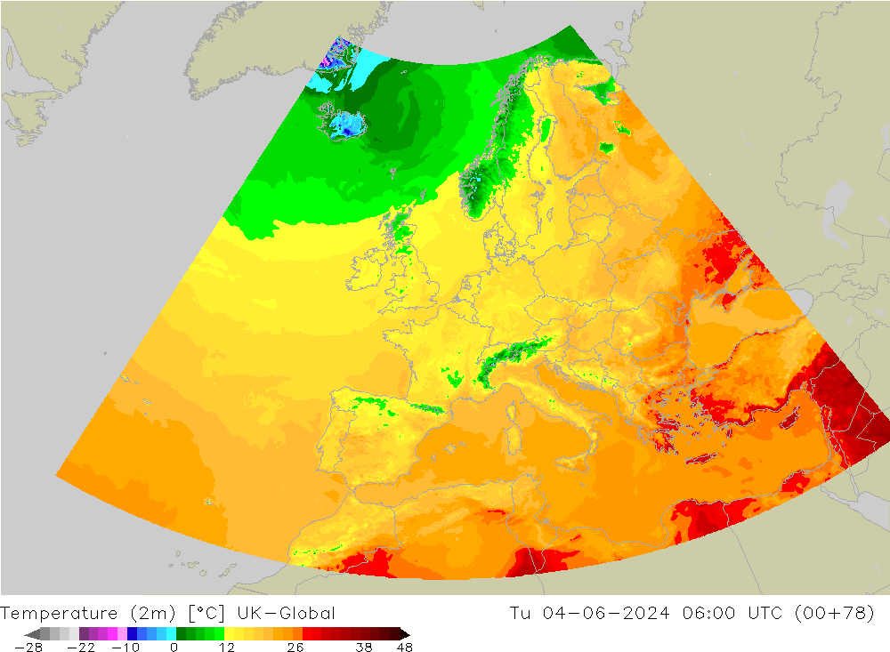 Temperaturkarte (2m) UK-Global Di 04.06.2024 06 UTC
