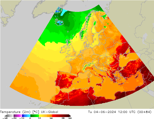 Temperaturkarte (2m) UK-Global Di 04.06.2024 12 UTC