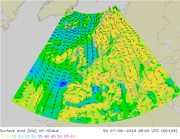 Wind 10 m UK-Global za 01.06.2024 06 UTC