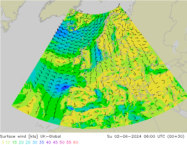 Surface wind UK-Global Su 02.06.2024 06 UTC