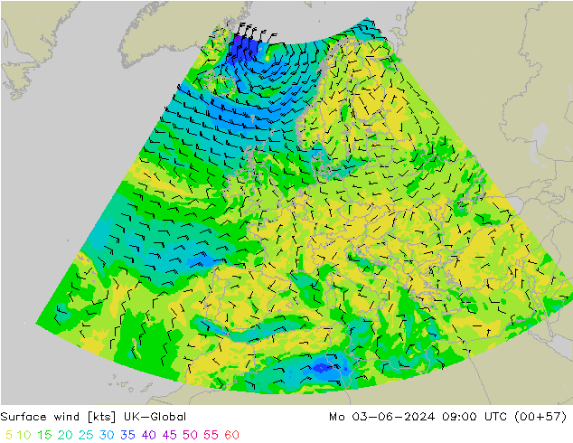 Surface wind UK-Global Po 03.06.2024 09 UTC