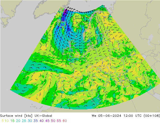 Vent 10 m UK-Global mer 05.06.2024 12 UTC