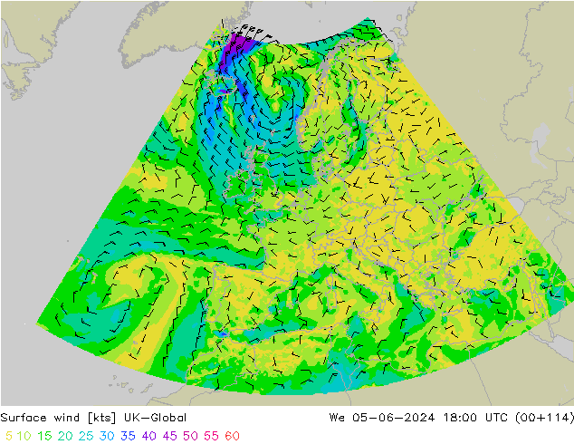 Rüzgar 10 m UK-Global Çar 05.06.2024 18 UTC