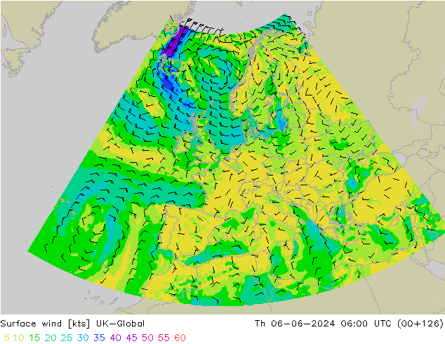 Surface wind UK-Global Th 06.06.2024 06 UTC