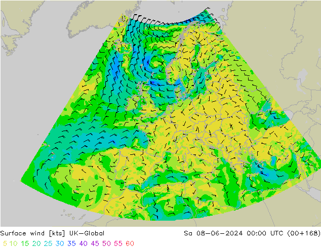 Wind 10 m UK-Global za 08.06.2024 00 UTC
