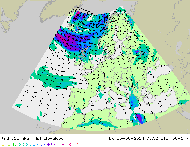 Wind 850 hPa UK-Global Mo 03.06.2024 06 UTC