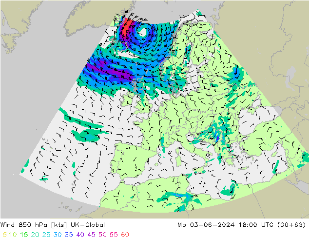 Wind 850 hPa UK-Global Mo 03.06.2024 18 UTC