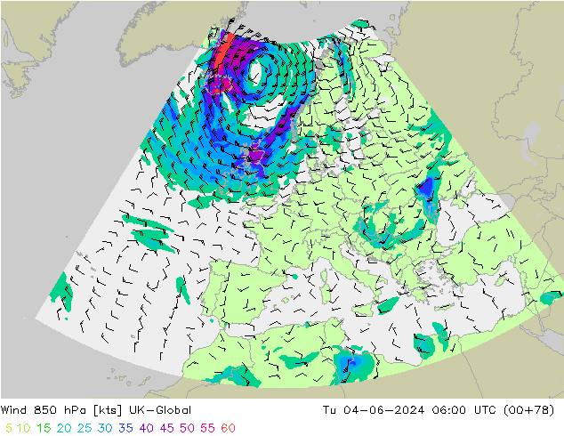 Wind 850 hPa UK-Global Tu 04.06.2024 06 UTC