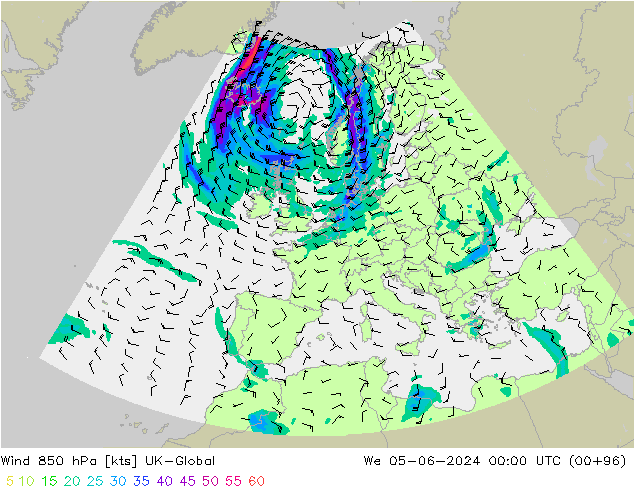 Wind 850 hPa UK-Global wo 05.06.2024 00 UTC