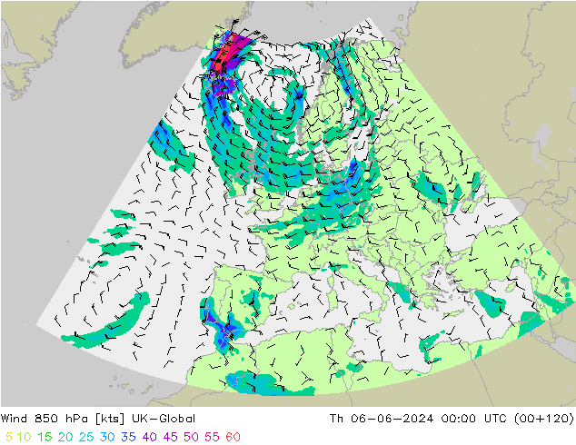 Wind 850 hPa UK-Global do 06.06.2024 00 UTC