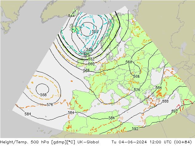 Height/Temp. 500 hPa UK-Global Di 04.06.2024 12 UTC