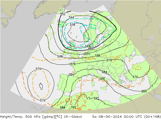 Height/Temp. 500 hPa UK-Global 星期六 08.06.2024 00 UTC