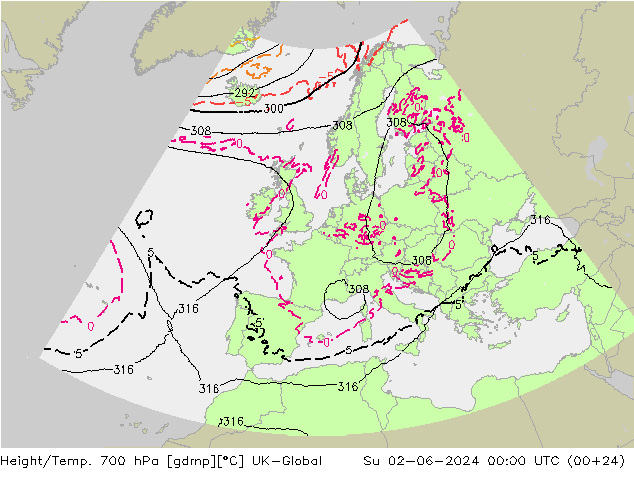 Height/Temp. 700 hPa UK-Global nie. 02.06.2024 00 UTC