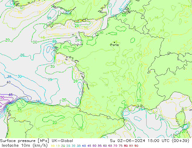 Isotachs (kph) UK-Global Su 02.06.2024 15 UTC
