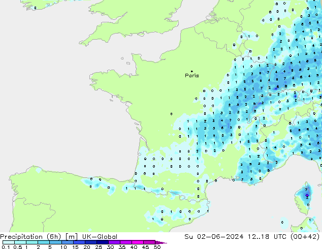 Precipitation (6h) UK-Global Su 02.06.2024 18 UTC