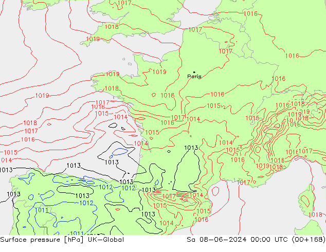 Pressione al suolo UK-Global sab 08.06.2024 00 UTC