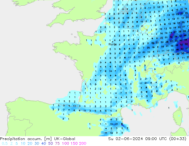 Précipitation accum. UK-Global dim 02.06.2024 09 UTC