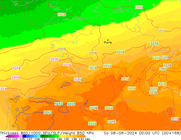 Thck 850-1000 hPa UK-Global  08.06.2024 00 UTC
