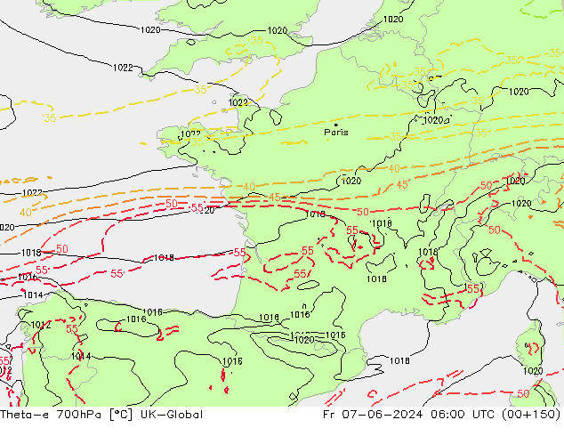 Theta-e 700hPa UK-Global Sex 07.06.2024 06 UTC