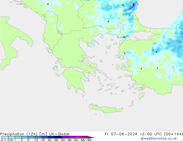 Totale neerslag (12h) UK-Global vr 07.06.2024 00 UTC