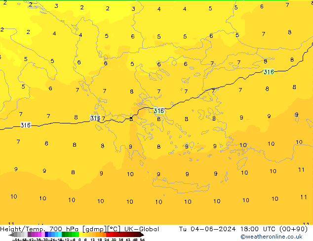 Géop./Temp. 700 hPa UK-Global mar 04.06.2024 18 UTC