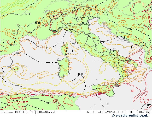 Theta-e 850hPa UK-Global pon. 03.06.2024 18 UTC