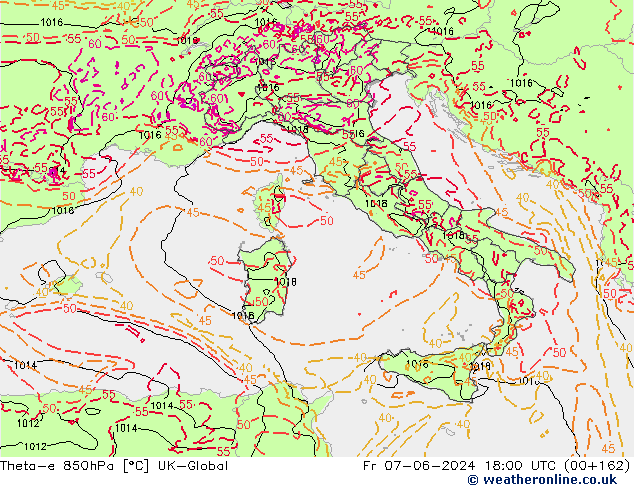 Theta-e 850hPa UK-Global Fr 07.06.2024 18 UTC
