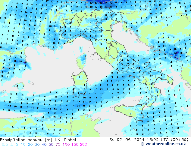 Precipitation accum. UK-Global Su 02.06.2024 15 UTC
