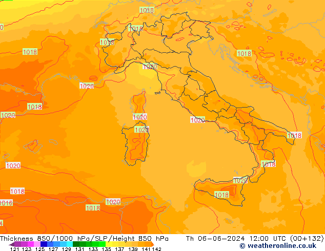 Thck 850-1000 hPa UK-Global Čt 06.06.2024 12 UTC