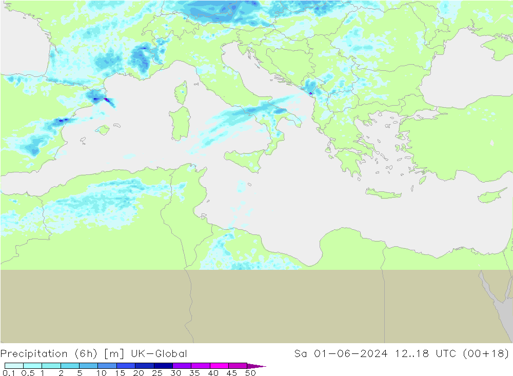 Precipitation (6h) UK-Global So 01.06.2024 18 UTC