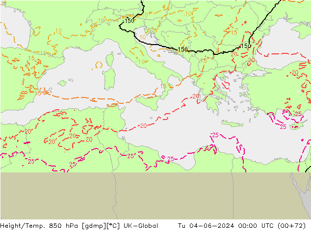 Hoogte/Temp. 850 hPa UK-Global di 04.06.2024 00 UTC
