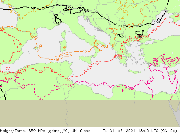 Hoogte/Temp. 850 hPa UK-Global di 04.06.2024 18 UTC