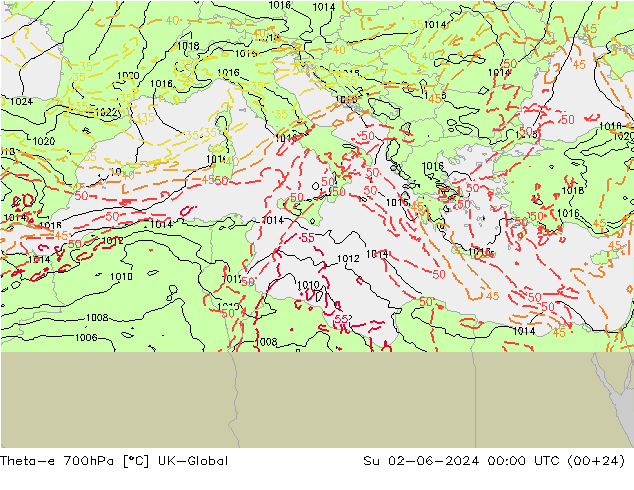 Theta-e 700гПа UK-Global Вс 02.06.2024 00 UTC