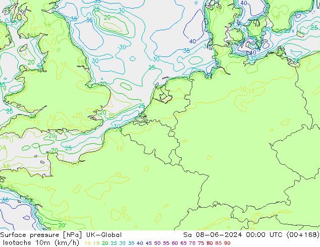 Isotachs (kph) UK-Global сб 08.06.2024 00 UTC