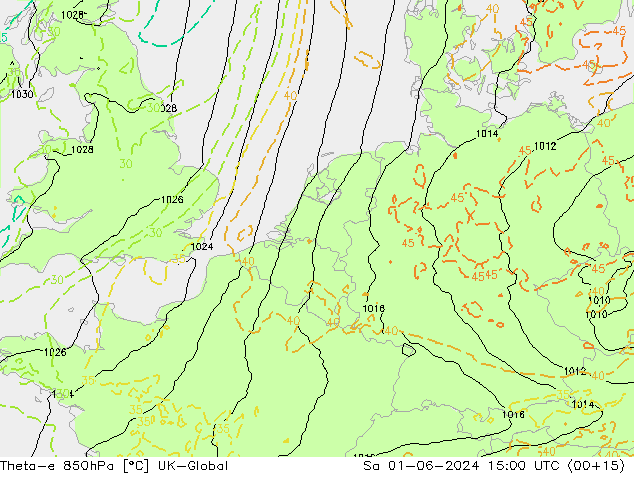 Theta-e 850hPa UK-Global Sáb 01.06.2024 15 UTC