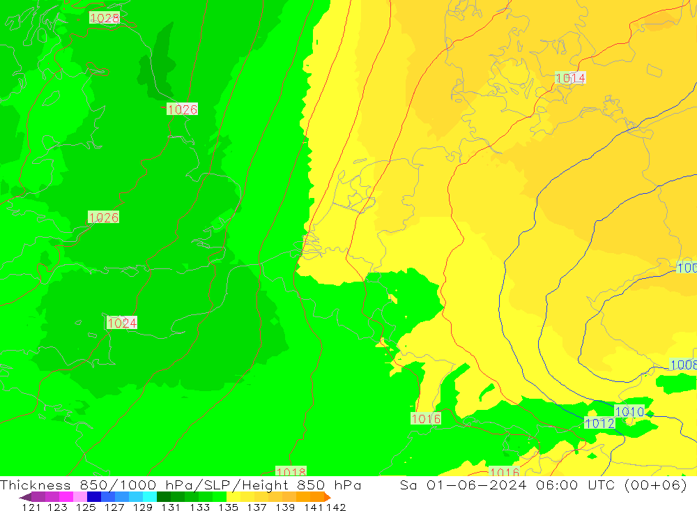 Thck 850-1000 hPa UK-Global 星期六 01.06.2024 06 UTC