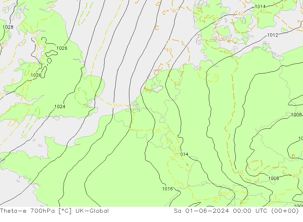 Theta-e 700hPa UK-Global  01.06.2024 00 UTC