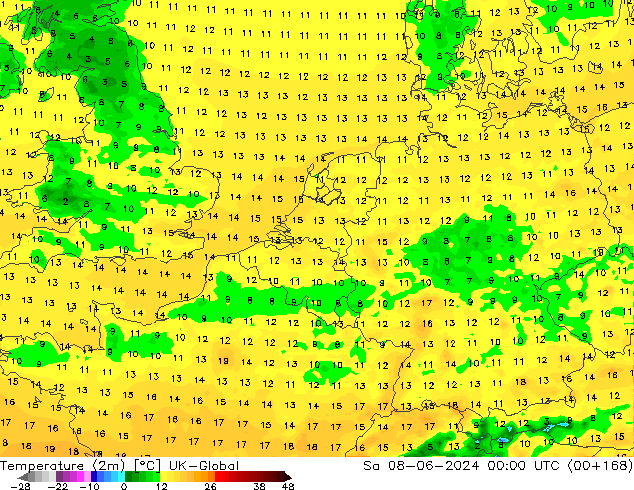 Temperatura (2m) UK-Global sab 08.06.2024 00 UTC