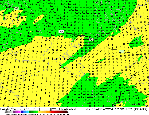 Géop./Temp. 700 hPa UK-Global lun 03.06.2024 12 UTC