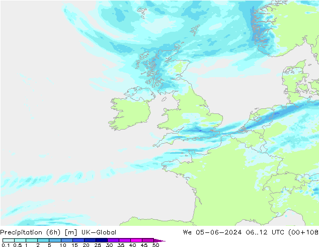Totale neerslag (6h) UK-Global wo 05.06.2024 12 UTC